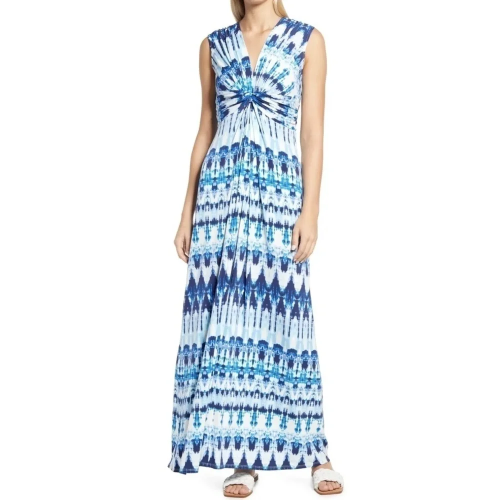 NWT Eliza J Twist Front Tie Dye Sleeveless Knit Maxi Dress in Blue Sz. 6